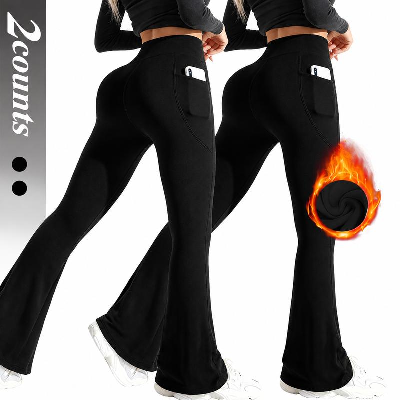 Women's Fleece-Lined Flare Leggings – High-Waisted Warm Pants with Pockets