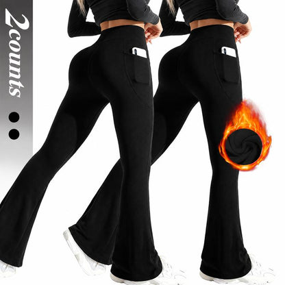 Women's Fleece-Lined Flare Leggings – High-Waisted Warm Pants with Pockets