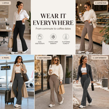 Women's Fleece-Lined Flare Leggings – High-Waisted Warm Pants with Pockets