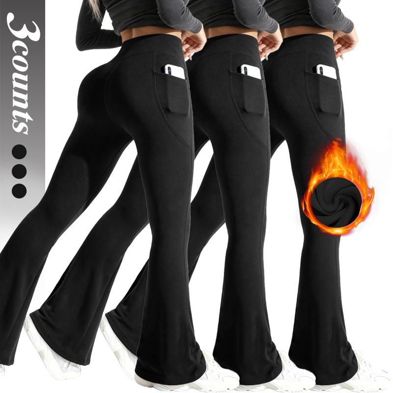 Women's Fleece-Lined Flare Leggings – High-Waisted Warm Pants with Pockets