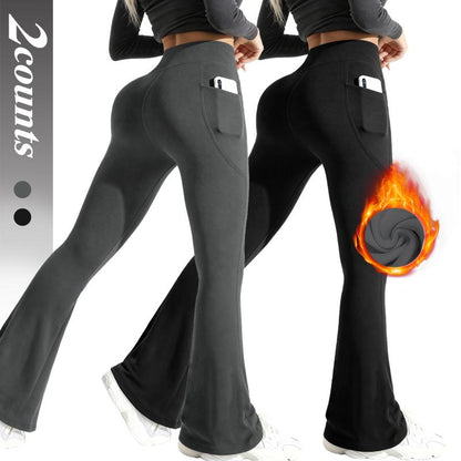 Women's Fleece-Lined Flare Leggings – High-Waisted Warm Pants with Pockets