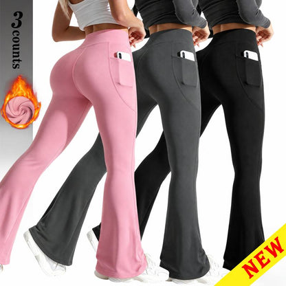 Women's Fleece-Lined Flare Leggings – High-Waisted Warm Pants with Pockets