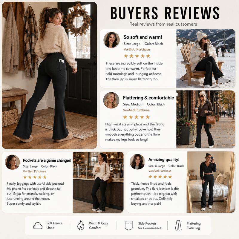 Women's Fleece-Lined Flare Leggings – High-Waisted Warm Pants with Pockets