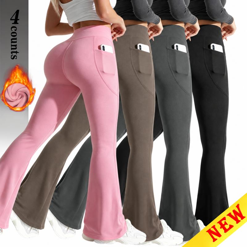 Women's Fleece-Lined Flare Leggings – High-Waisted Warm Pants with Pockets