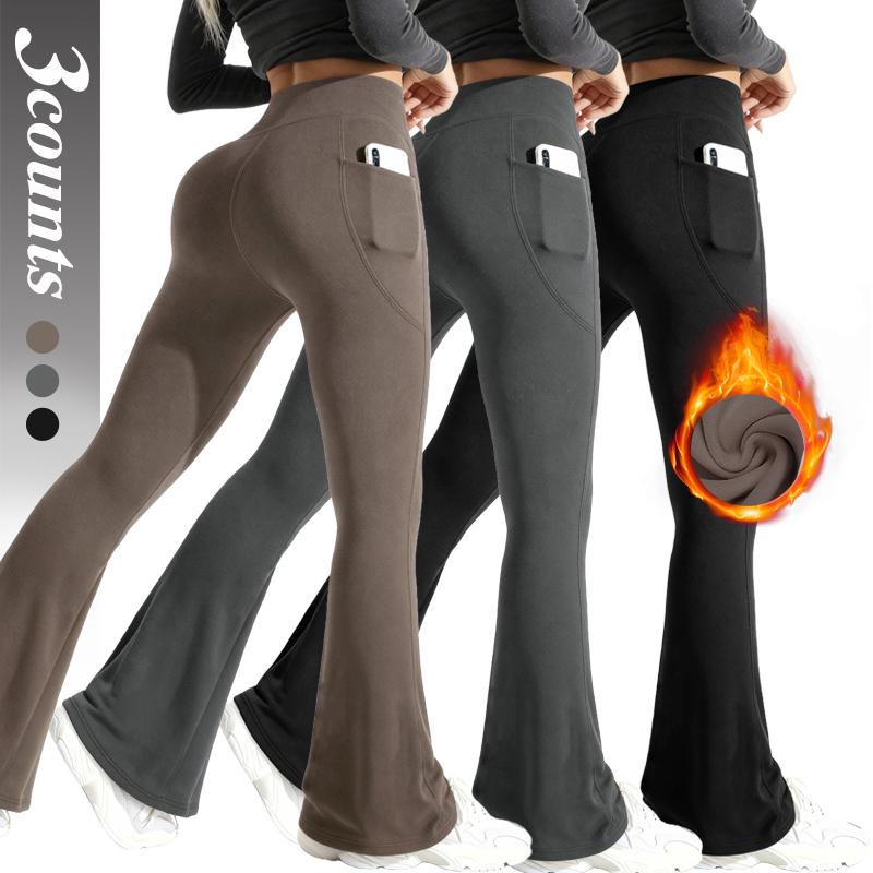 Women's Fleece-Lined Flare Leggings – High-Waisted Warm Pants with Pockets